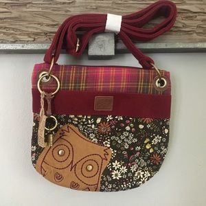 Floral & Plaid Print Handbag With Owl Stitching